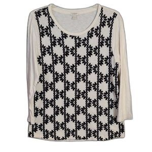 J Crew Ivory Black Embroidered Floral Knit Top Women's L